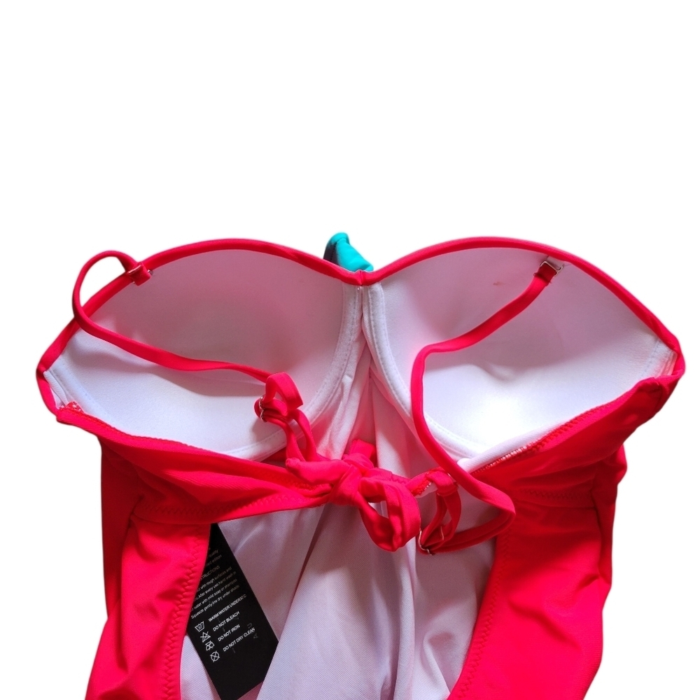 Classic Red One-Piece Swimsuit with Teal Ruffle Detail - Picture 5 of 7